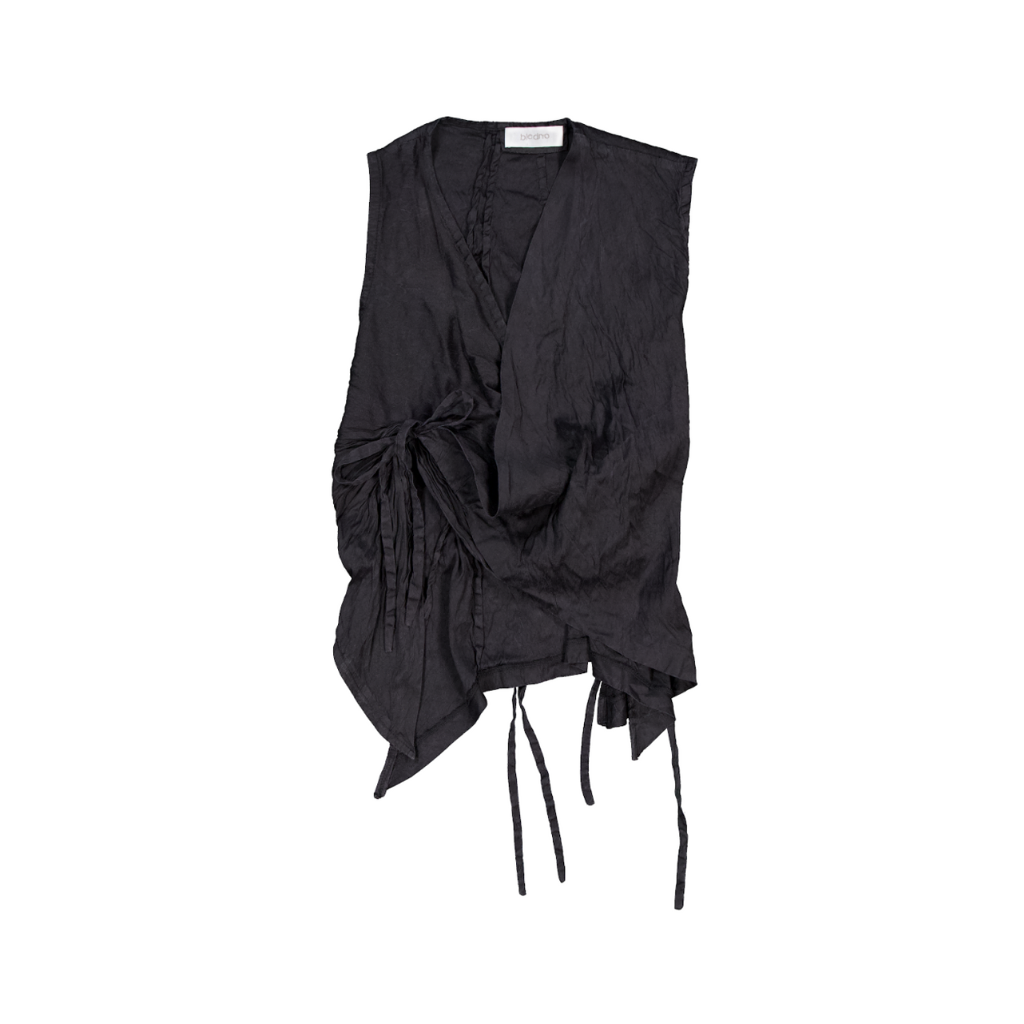Bledno Tuman Sleeveless Wrap Top With Asymmetrical Drape and Tie Detailing