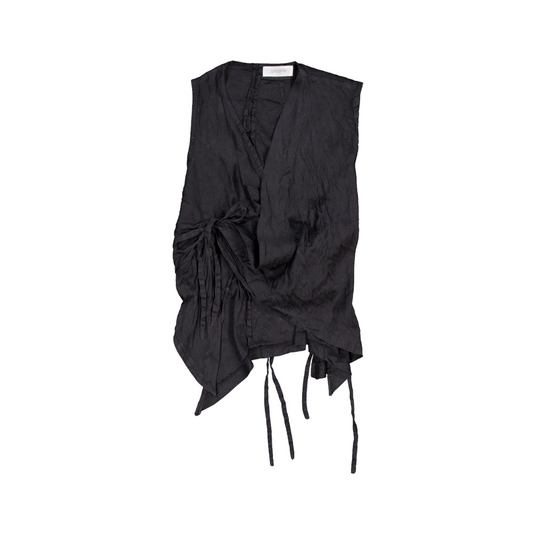 Bledno Tuman Sleeveless Wrap Top With Asymmetrical Drape and Tie Detailing